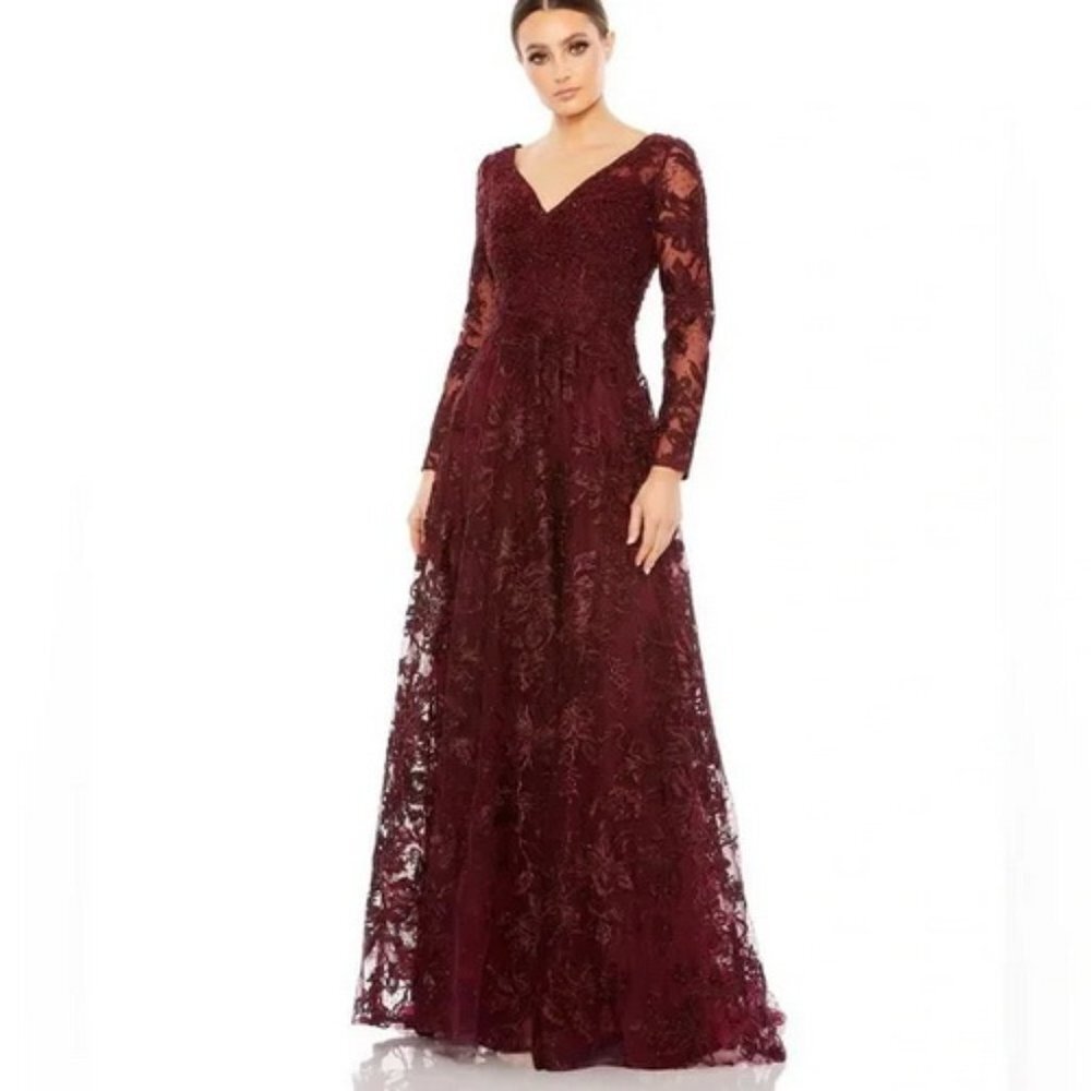 Mac Duggal Burgundy Lace V-Neck Long Sleeve Maxi Gown